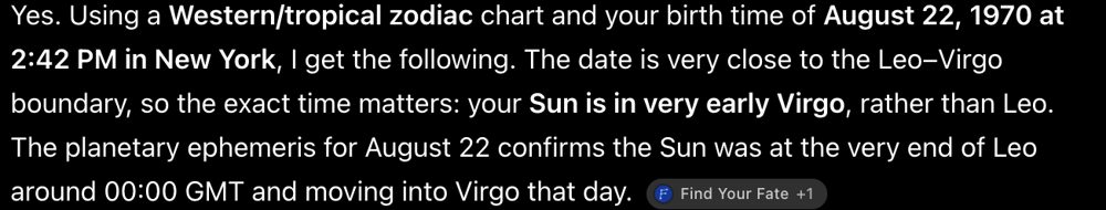 ChatGPT app answer saying the Sun is in very early Virgo rather than Leo for a New York birth on August 22, 1970 at 2:42 PM