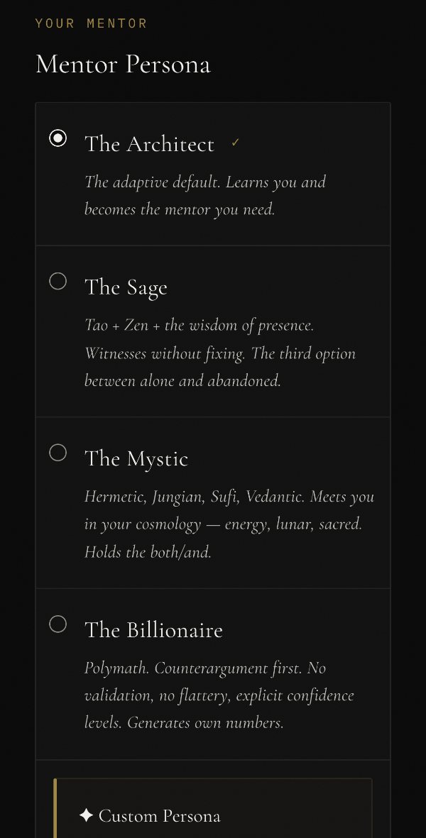 Architect's Settings screen on a phone, under Your Mentor: a list of four mentors, The Architect (selected), The Sage, The Mystic and The Billionaire, each with a one-line description, and a Custom Persona option below.