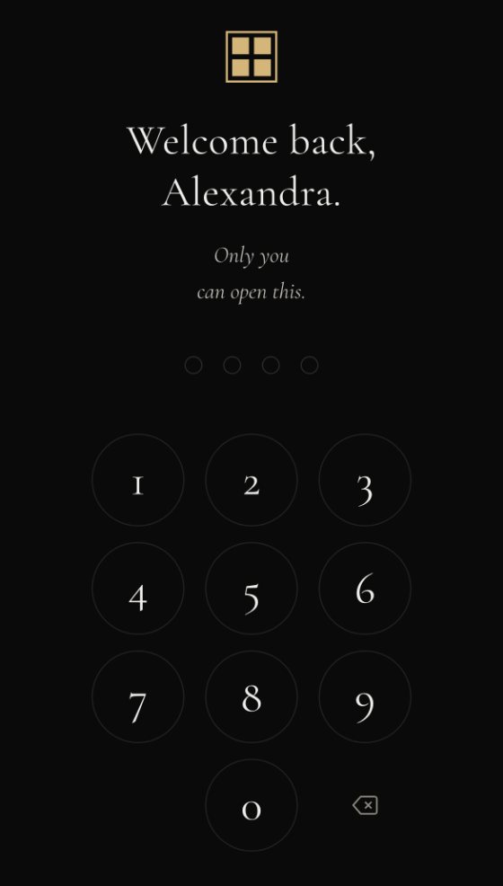 The Architect PIN lock screen on a phone: the gold Architect symbol, the words "Welcome back, Alexandra. Only you can open this.", four empty PIN dots and a number keypad.