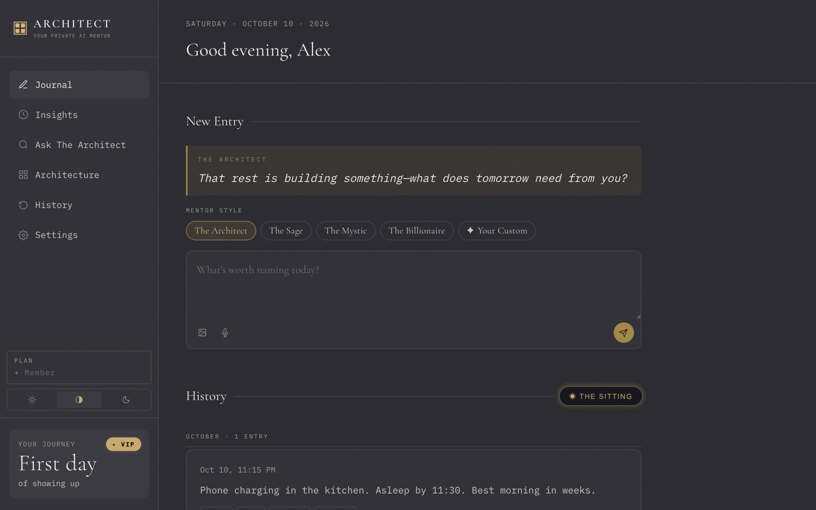 Architect's journal on desktop: a greeting, the mentor's prompt, the mentor styles and the entry editor, with the menu on the left.